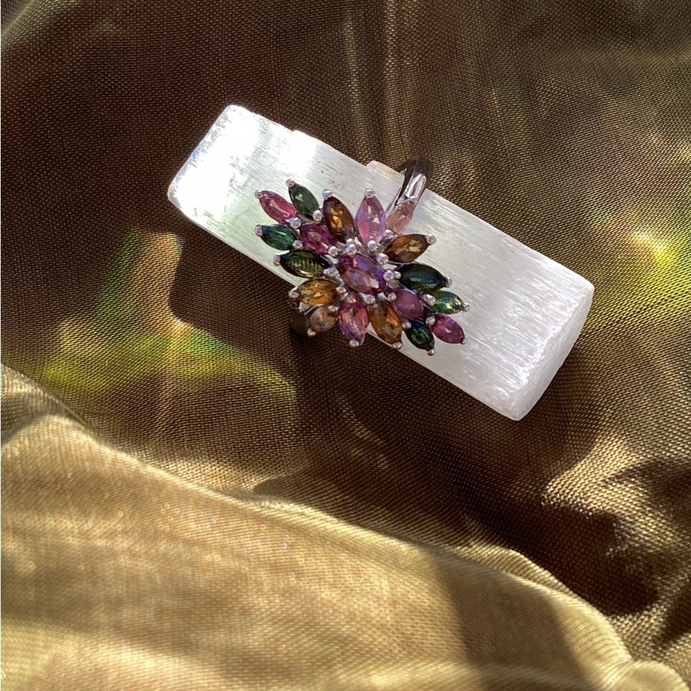 Openable, Multi Tourmaline Floral Spray Ring, Platinum over SS, Sz 7, 2.…